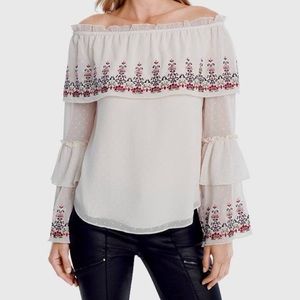 NWT WHBM blouse with sheer sleeves & embroidery